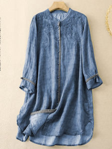 Retro Embroidered Stand Collar Shirt Womens Loose Midi Length Sun Protection Top Single Tailored Goods Commute Style Summer Thin