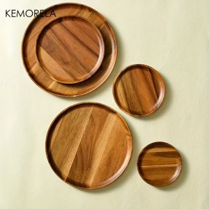 1PCS Natural Whole Wood Lovesickness Wood Round Handmade Acacia Plate Round Sushi Dish Dessert Fruit Bread Dishes Soup Tableware