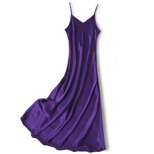 Silk V-neck Wrap Dress French Style Lightweight Summer Long Dress Womens High Waist A-line Gown No-sleeve Commute Simple Design