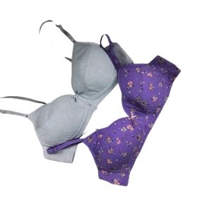 GWEN Non-wire Bra Set - Light gray and purple floral design - 2-piece set - Non-wired comfort fit.