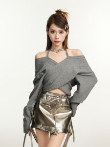 Gray Off-Shoulder Knitted Sweater Womens Spring Autumn Early Fall Design Short Spicy Girl Neck Hanging Shoulder Top