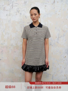 TakeCare Caution POLO Collar Knitted Dress Glittery Striped A-Line Silhouette Spring Summer Womens Fashion Casual Dress