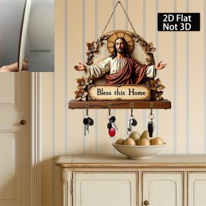2D Retro Jesus Arms Open Key Rack Multi-Functional Christian Wall Art Decor for Family Porch Entrance Rural Farmhouse Home Decor