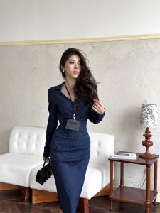 Long Sleeve Shirt Dress Womens Style Autumn Winter Office Lady Witch Wind Striped Dress Retro Style V Neck S Type Silhouette