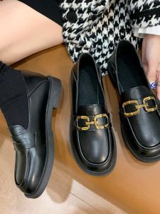 British Style Soft Leather Black Metal Single Shoes Womens Spring Autumn Fashion Loafers All-Match Low Heel Rubber Outsole