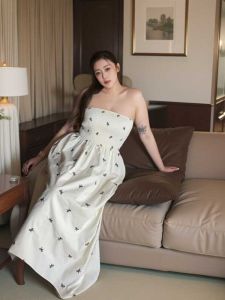 150.00kg Plus Size Plus Size Ladies Korean Style Young Adult French Style Bow Print Tube Top Backless Elastic Waist-Tightening Slimming Dress