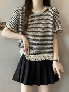 Slimming Stripe Ice Silk T-Shirt Women Summer Large Size Flowing Trim Top Trendy Korean Style round Neck Short Sleeve Tee