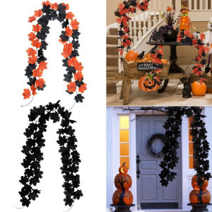 1pc Halloween Artificial Maple Leaf Vine Thanksgiving Harvest Festival Autumn Black Orange Outdoor Garden Doorway Stair