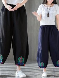 เอวสูงปักผ้าฝ้ายลินินกางเกงฤดูร้อนสําหรับแม่วัยกลางคนสไตล์เอเชียขากว้างกางเกงฮาเร็มกางเกงโคมไฟ