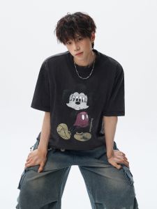 OULUDE | Washed Cartoon Printed Black Short Sleeve T-Shirt