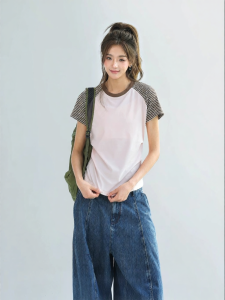 CHANT2nd | Striped Shoulder Patchwork Short Sleeve Womens T-Shirt Easy Match