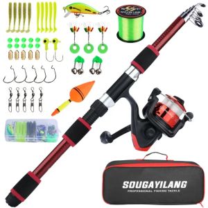 Sougayilang 1.8m Fishing Pole Full Kits with Telescopic Fishing Rod and Spinning Reel Baits Hooks Set with 500m Fishing Line
