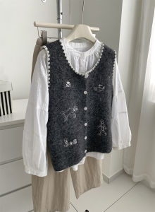 เสื้อกั๊กถักขนสัตว์สไตล์เกาหลีปักลายแมว ทรงหลวม ปกกลม กระดุม แขนกุด คอตั้ง แขนกุด ฤดูใบไม้ร่วง 2025