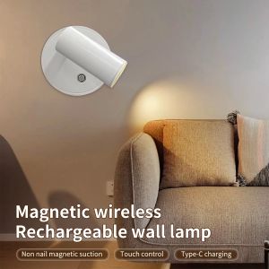Rechargeable LED Wall Lamp Wireless No Punch Magnetic Spotlight Touch Sensor Switch Dimming 3 Colors LED Wall Light for Bedroom