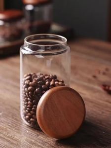 KEMORELA Transparent Food Storage Container Jar Acacia Wood Round Tea Jar Dried Fruit Snacks Kitchen Glass Sealed Storage Jar