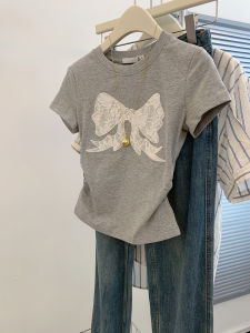 Áo Thun Nữ Màu Xám Thắt Nút Bướm Ngắn Ôm Vừa Vặn Thắt Eo Cổ Điển Mùa Hè Thường Ngày Cổ Tròn Tay Ngắn