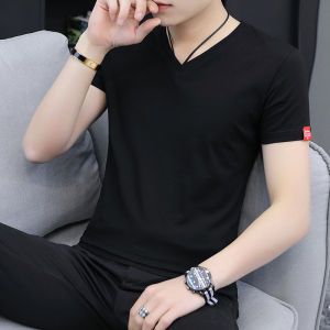 Mens Short Sleeve T-Shirt V-Neck Summer Slim Fit Pure Cotton Black Versatile Half Sleeve Trendy Silk Cotton Base Shirt