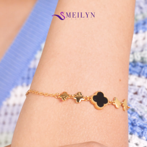 MEILYN Gelang Rantai Motif Clover Mata Hitam Daun Cantik Lapis Emas 0231240701