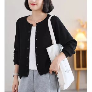 Spring Fashion round Neck Pure Cotton Knitted Sweater Womens Open Cardigan Top Long Sleeve Short Loose Thin Outerwear