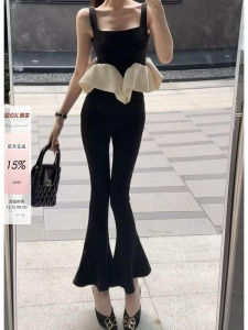 High Waist Bell Bottom Casual Pants Womens Design Pink Lace Trim Fishbone Nine Points Slimming Flared Black Pants