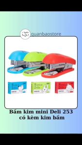 Bấm kim mini Deli 253 có kèm 1 hộp kim bấm số 10.