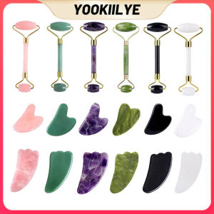 YOOKIILYE 100% Natural 3 Pcs Rose Quartz Jade Roller Gua Sha Set Facial Body Massager Roller Jade Stone Massage Set Face Lifting Beauty Massage Tools
