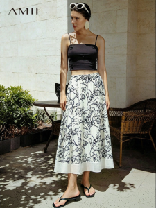 AMII | Summer Holiday Style Elastic Waist Floral Print Linen Skirt