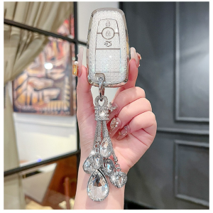 Diamond Crystal TPU Smart Car Key Fob Case Cover Shell Chain For Ford Everest Trend Explorer Mustang Shelby Expedition Bronco Sport Keyless Remote 3 Buttons Protector Holder Bag Protection Leather Keychain