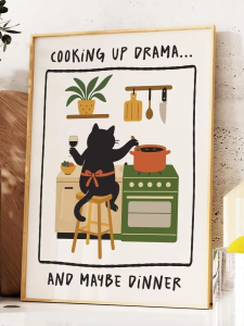 Funny Cat Kitchen Print Cat Lover Gift Black Cat Art Print Cute Cat Owner Home Decor Cat Cooking Dinner Poster Quirky Wall