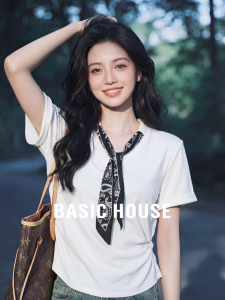 Basic House | White Silk Scarf Collar Regular Fit Short Sleeve Slim T-shirt