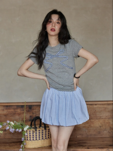 seemon | Áo Thun Nữ Cotton Ôm Body Màu Xám Họa Tiết Nơ