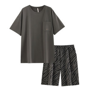 yuenei | Mens Summer Cotton Pajamas Short Sleeve Round Neck Thin Home Clothes Youth Casual Wear Comfortable Breathable Sleepwear