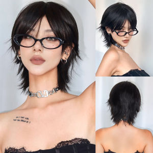 Short Layered Straight Wigs Mullet Head Black Wig With Medium Part Bangs For Women Cosplay Party Synthetic Hair Heat Resistant