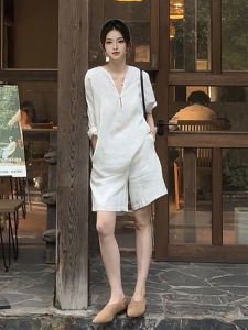 Ladies Linen Set Casual Summer Vacation Loose Feelings Sun Protection Shirt Shorts Two Piece Set Comfortable Breathable Fashion