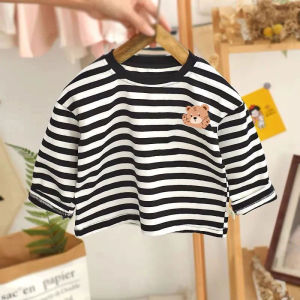 Fashionable Cartoon Bear Letter Print Striped Base Shirt Long Sleeve T-Shirt for Boys And Girls Korean Style Versatile Cotton Tee