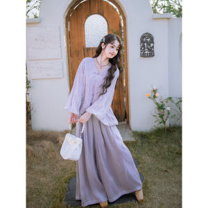 Elegant Embroidered Full-Length Pantsuit Dreamy Soft Bloom Top Wide-Leg Pants Precise Heavy-Stitching Traditional Chinese Style