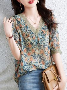 New Summer Fashion French Elegance Youthful V-Neck Floral Chiffon Top
