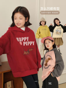 NORNOR Chen DaZhu Fleece Lined Hoodie for Girls Red Trendy Childrens Wear Autumn Winter New Style Korean Version Kids Clothes