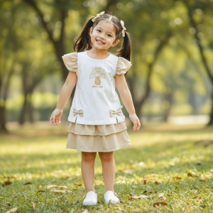 Moose Girl Blouse With Skirt Terno Set White and Beige With Print Details (GWSKS 604 8137)