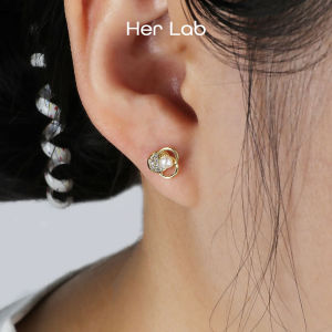 Her Lab Jewelry | ไข่มุกน้ำจืดดีไซน์เป็นปม925เงินสเตอร์ลิงต่างหูเม็ดกลมด้วยสำเนียงเพทาย-เครื่องประดับที่สง่างามสำหรับผู้หญิง