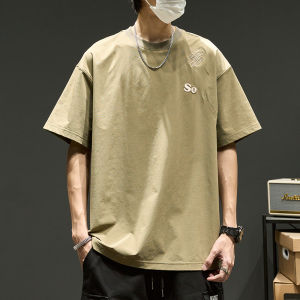 เสื้อยืดแขนสั้นผ้าไหมน้ำแข็งสำหรับผู้ชายในช่วงฤดูร้อน ทรงหลวม แห้งเร็ว เข็มขัดผูกคอปมสี่เหลี่ยม สไตล์เรียบง่าย ระบายอากาศได้ดี