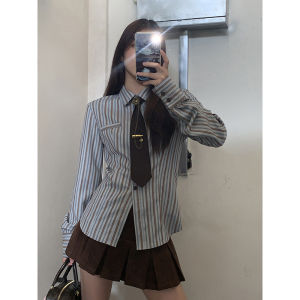Fashionable Stripe Shirt Womens Long Sleeve Inner Wear Spring 2026 New Style Ageless Elegance Straight Cut Button Detail Polo Neck