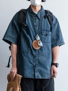 Loose Fit Chinese Style Button up Short Sleeve Denim Shirt Youth Trendy Summer Casual Pure Color Collared Top for Men