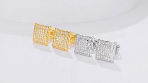 Pretty Beauty Full Pave Moissanite Square Stud Earrings for Women 925 Silver Screw Back Earrings Hypoallergenic Everyday Jewelry