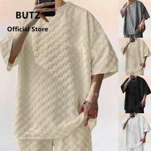 BUTZ brand 2025 new mens summer collection heavyweight round neck jacquard checkered short sleeved T-shirt loose plus size short sleeved shirt