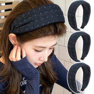 2Pcs Simple Polka Dot Wide Edge Hairband Navy Blue Vintage Face Slimming High Cranial Top Comfort Non Slip Headwear