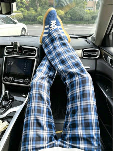 OUMULONG | Summer Thin American Street Blue Plaid Flared Slim Fit Mens Pants