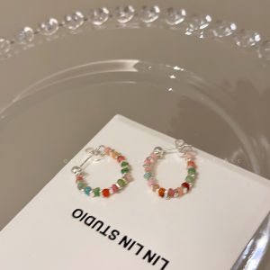 Colorful Beaded Silver Earrings Womens Fashion Jewelry round Face Shape Gentle Dopaamine Trendy Hoop Earrings Accessories