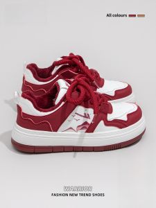 Warrior | Womens Casual Slip-On Shoes Fleece-Lined Red Board Shoes Versatile Warm New Year Style Round Toe Thick Bottom Synthetic Leather