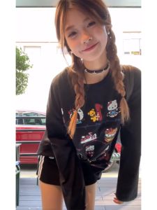 Áo Thun Dài Tay Màu Đen Cotton Nguyên Chất Cho Nữ Phong Cách Hàn Quốc Cỡ Lớn Dễ Thương Giản Dị Mỹ Phong Cách Đại Học